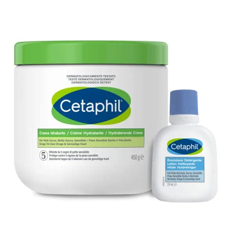 Cetaphil Crema Idratante Viso e Corpo, Senza Profumo, Formato 450g + Emulsione Detergente Viso e Corpo, Senza Profumo, Formato Viaggio 29 ml