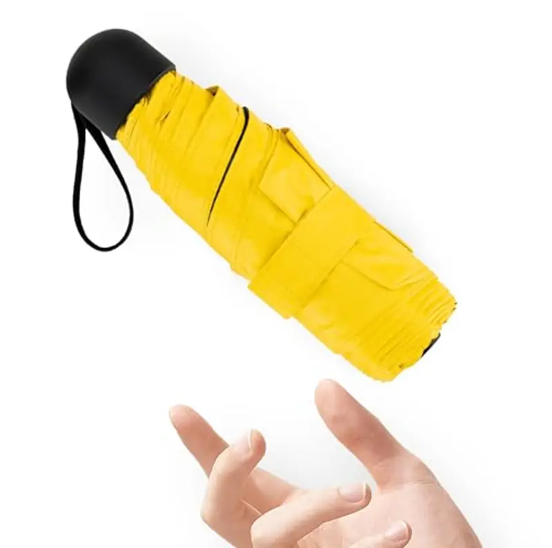 Chakipee Mini Regenschirm Klein Taschenschirm Mit 6 Rippen kompakt Faltbar Leicht Im Freien UV Schutz Regenschirme Schirm für Sonne und Regen Gelb