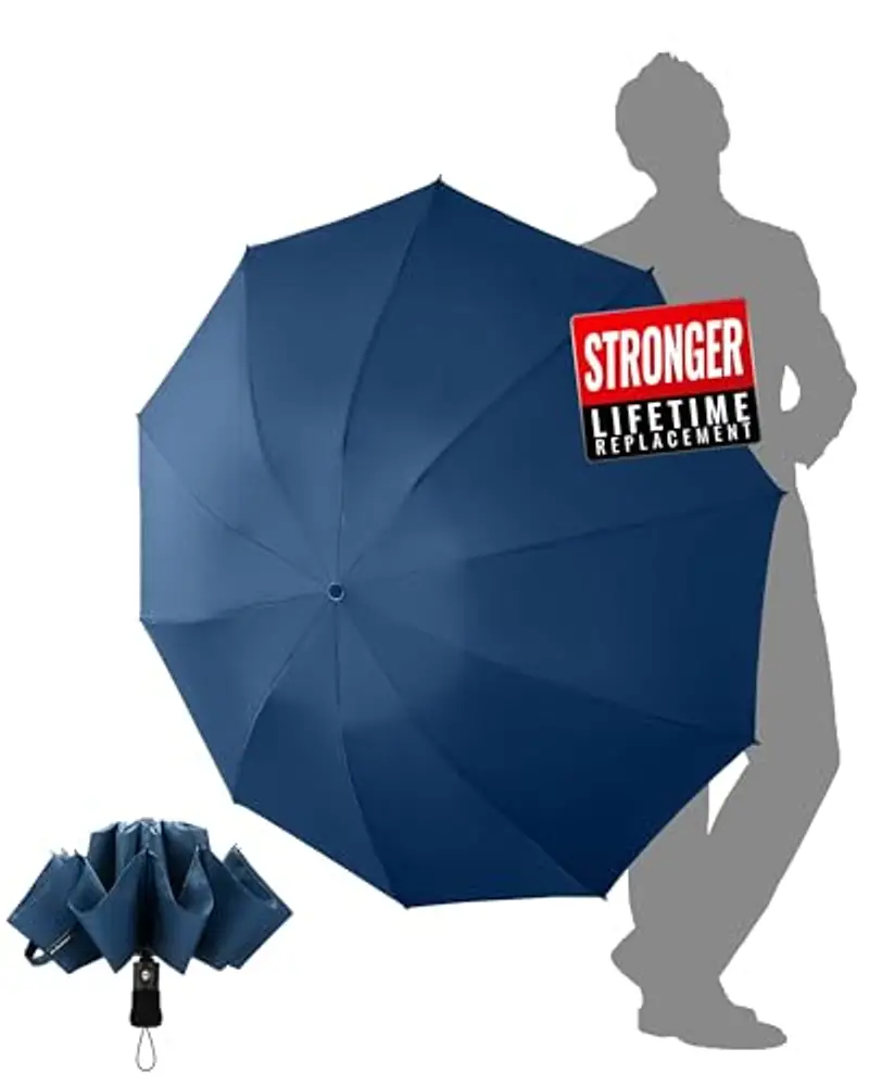 Chakipee Ombrello Pieghevole Pioggia da Viaggio Antivento - Ombrello Blu per Uomo Automatico Apri Chiudi,Inverso Portatile per la Compatto, Rivestimento in Tessuto 210T Apertura 105 cm 10 Stecche