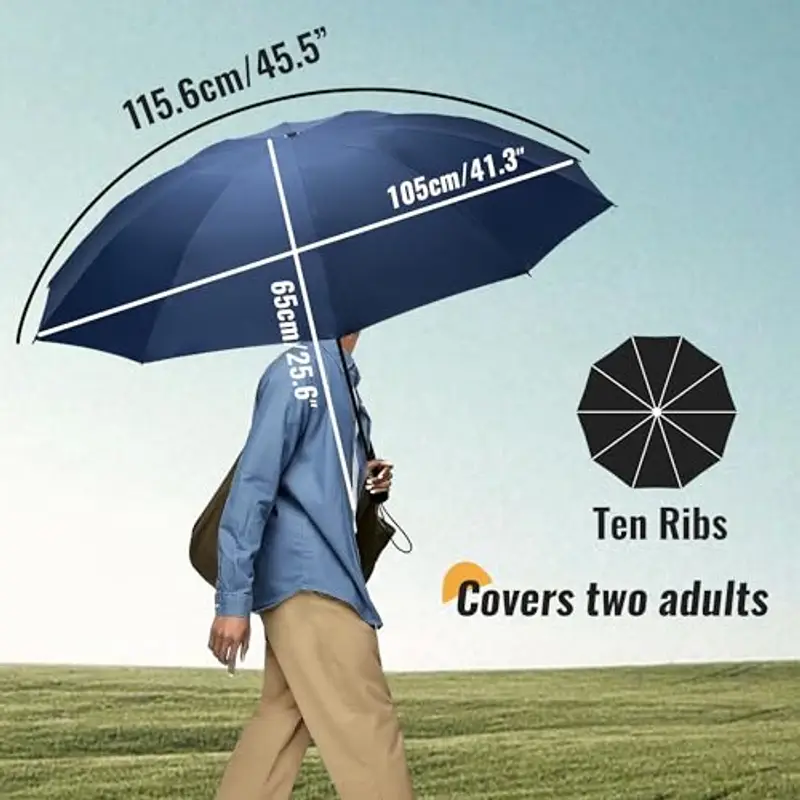 Chakipee Ombrello Pieghevole Pioggia da Viaggio Antivento - Ombrello Blu per Uomo Automatico Apri Chiudi, Inverso Portatile per la Compatto, Rivestimento in Tessuto 210T Apertura 105 cm 10 Stecche miniatura 2