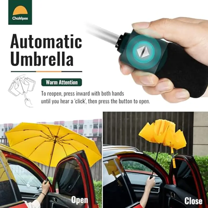 Chakipee Ombrello Pieghevole Pioggia da Viaggio Antivento - Ombrello Giallo per Uomo Automatico Apri Chiudi, Inverso Portatile per la Compatto, Rivestimento in Tessuto 210T Apertura 105 cm 10 Stecche miniatura 3