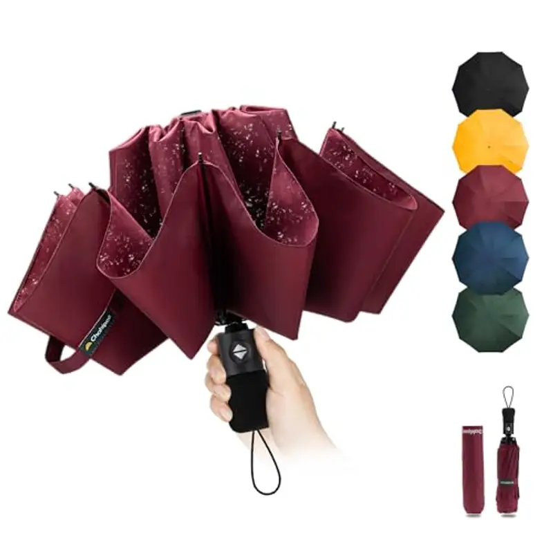 Chakipee Ombrello Pieghevole Pioggia da Viaggio Antivento - Ombrello Rosso per Uomo Automatico Apri Chiudi,Inverso Portatile per la Compatto, Rivestimento in Tessuto 210T Apertura 105 cm 10 Stecche