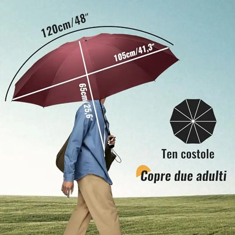Chakipee Ombrello Pieghevole Pioggia da Viaggio Antivento - Ombrello Rosso per Uomo Automatico Apri Chiudi, Inverso Portatile per la Compatto, Rivestimento in Tessuto 210T Apertura 105 cm 10 Stecche miniatura 2