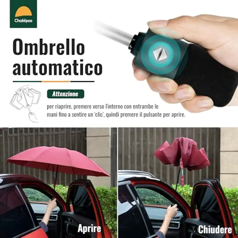 Chakipee Ombrello Pieghevole Pioggia da Viaggio Antivento - Ombrello Rosso per Uomo Automatico Apri Chiudi, Inverso Portatile per la Compatto, Rivestimento in Tessuto 210T Apertura 105 cm 10 Stecche miniatura 3
