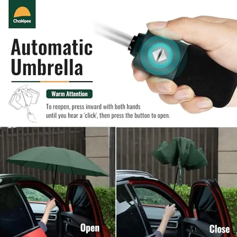 Chakipee Ombrello Pieghevole Pioggia da Viaggio Antivento - Ombrello Verde per Uomo Automatico Apri Chiudi, Inverso Portatile per la Compatto, Rivestimento in Tessuto 210T Apertura 105 cm 10 Stecche miniatura 3
