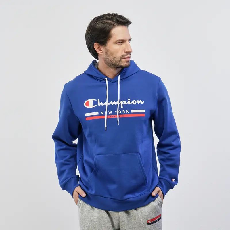 Felpa sportiva blu con cappuccio, tasca e stampa maxi logo