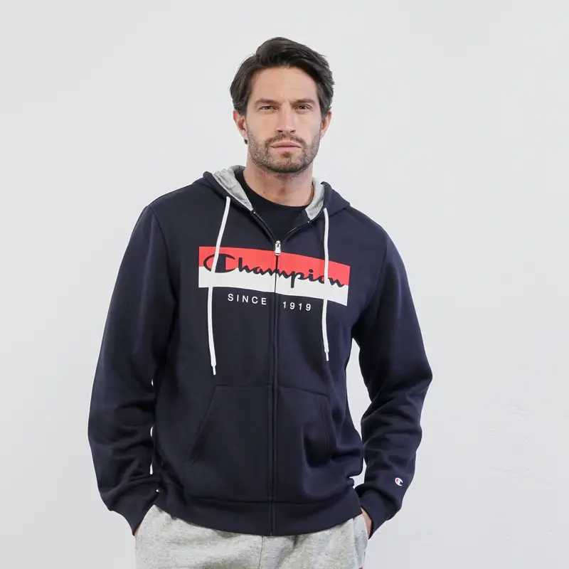 Felpa sportiva blu con zip, cappuccio e stampa maxi logo