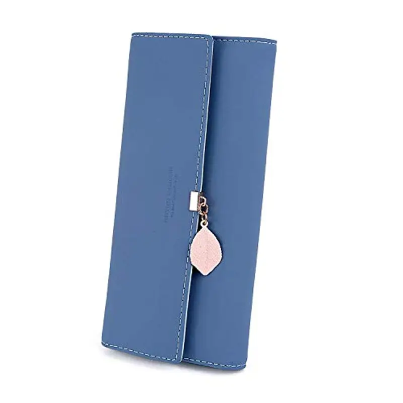 Charltu Portafoglio Donna Lungo Cerniera in Pelle, Portafoglio Donna Grande (Blu)