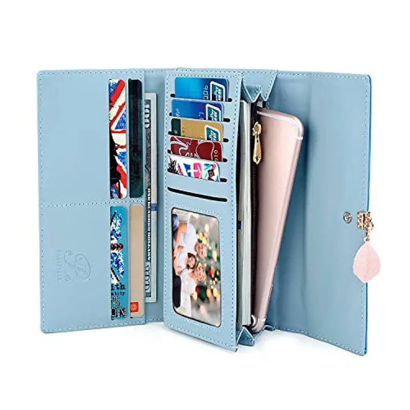 Charltu Portafoglio Donna Lungo Cerniera in Pelle, Portafoglio Donna Grande (Blu) miniatura 2