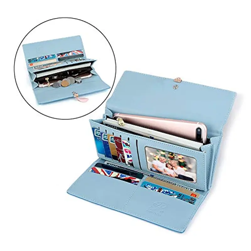 Charltu Portafoglio Donna Lungo Cerniera in Pelle, Portafoglio Donna Grande (Blu) miniatura 3