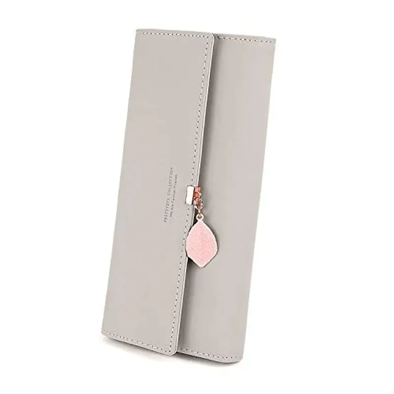 Charltu Portafoglio Donna Lungo Cerniera in Pelle, Portafoglio Donna Grande (Grigio)