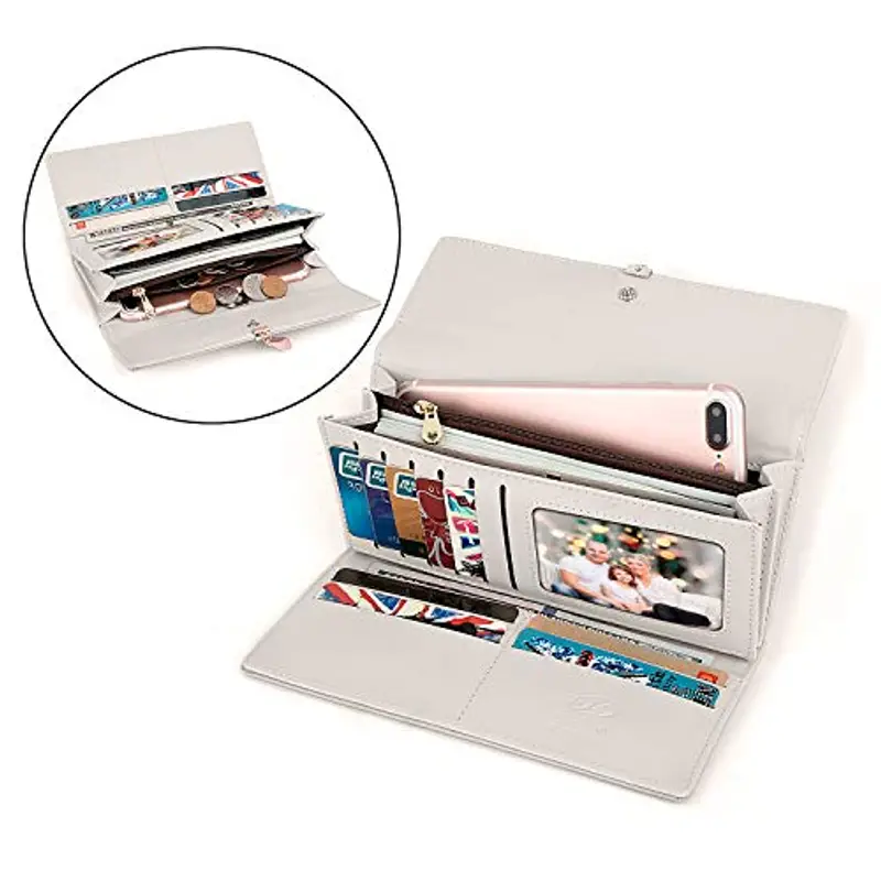 Charltu Portafoglio Donna Lungo Cerniera in Pelle, Portafoglio Donna Grande (Grigio) miniatura 2