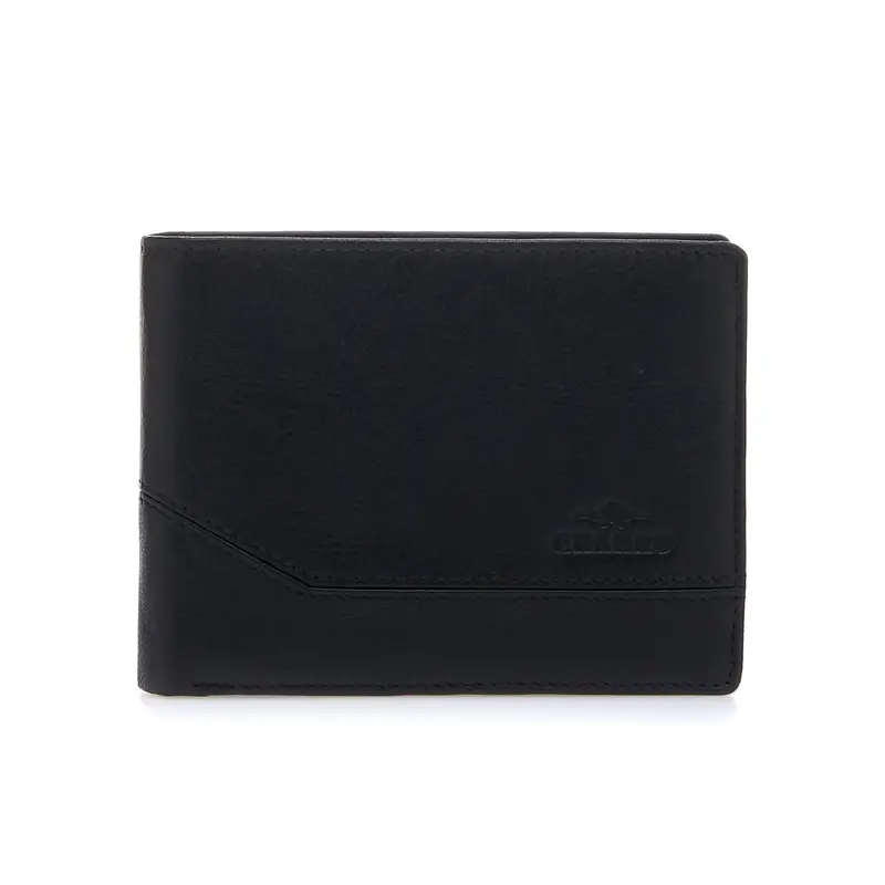 Portafoglio nero da uomo con logo stampato e cuciture