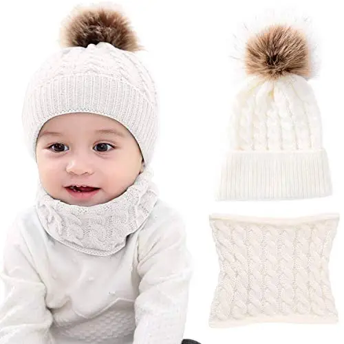 CheChury Cappello A Maglia Bimbo Neonata Cappellino con Sciarpa Set 2Pcs Cappelli Bambina Ragazzo Sciarpa Berretto A