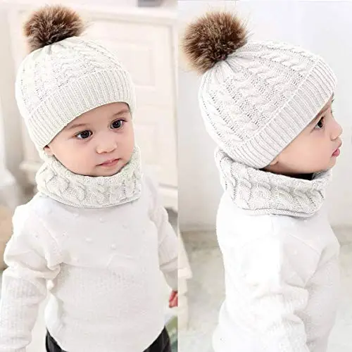 CheChury Cappello A Maglia Bimbo Neonata Cappellino con Sciarpa Set 2Pcs Cappelli Bambina Ragazzo Sciarpa Berretto A miniatura 3