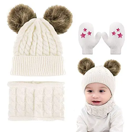 CheChury Cappello A Maglia Bimbo Neonata Cappellino con Sciarpa Set 3Pcs Cappelli Guanti Bambina Ragazzo Sciarpa