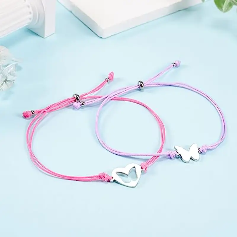 Cheerslife 2 pezzi Ritorno a scuola braccialetti regali, set di braccialetti farfalla per mamma e figlia, regolabile gioielli primo giorno di scuola regali per ragazze ragazzi (Rose Red e viola) miniatura 2