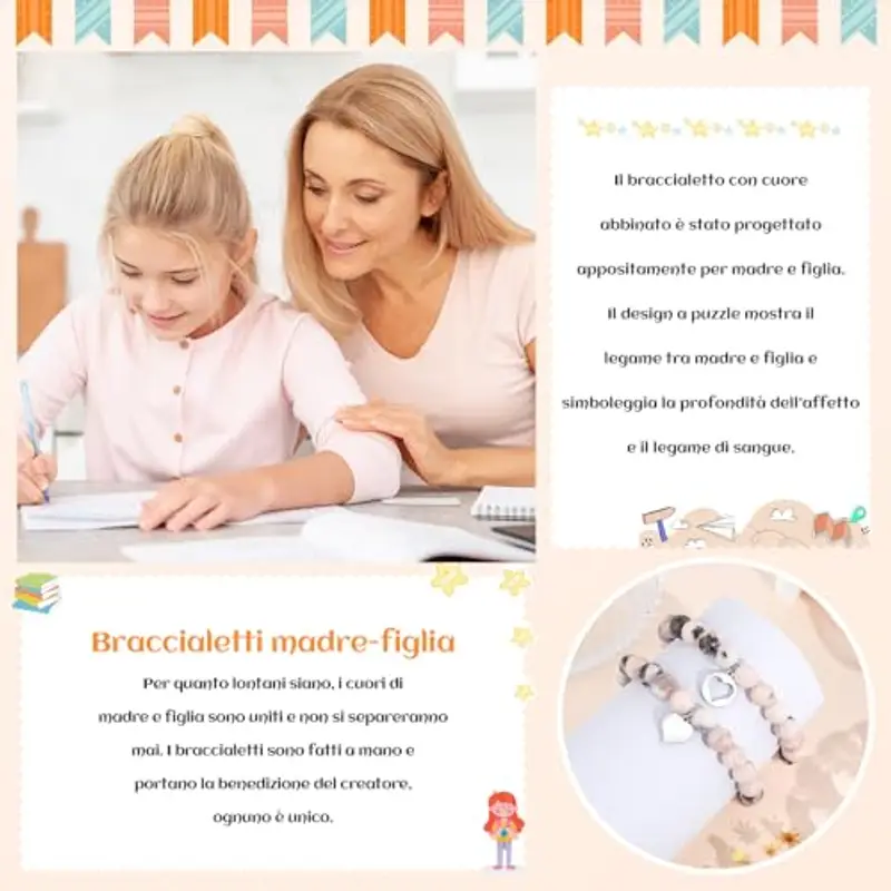 Cheerslife Bracciale Madre e Figlia Regalo Mamma Figlia Bracciale 2Pcs Bracciale Perline con Ciondolo a Cuore Idee Regalo per Donna Ragazze Compleanno Ritorno a Scuola Festa Della Mamma con Carte miniatura 3
