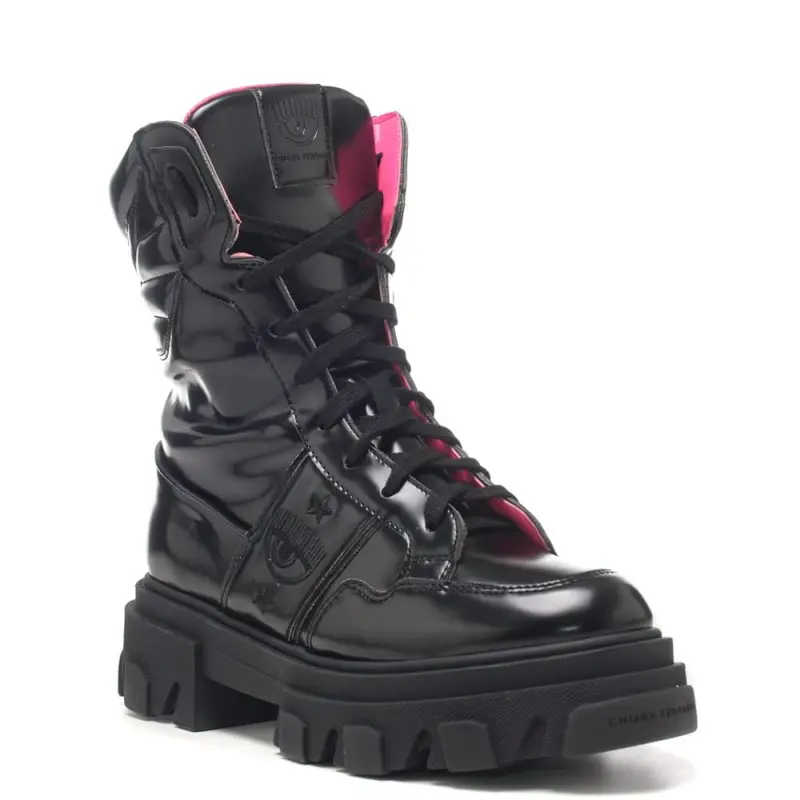 stivali donna cf boot in pelle neri con stampa logo laterale miniatura 2