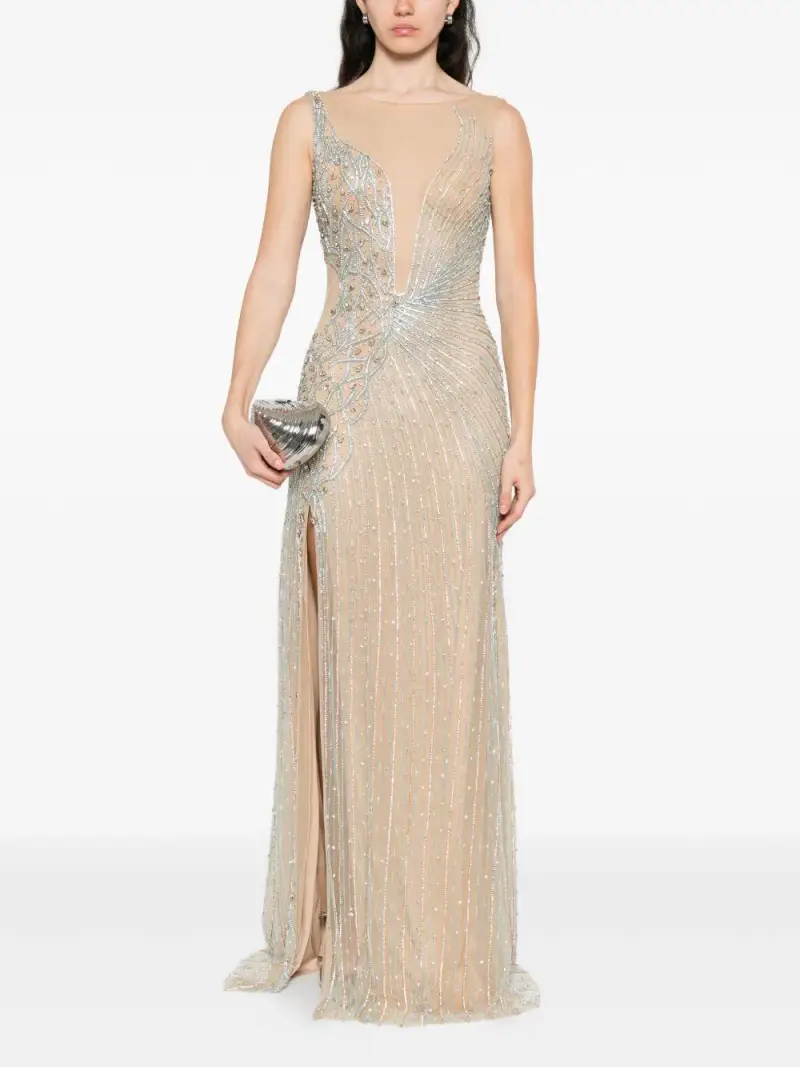 Abito Lungo Beige Girocollo con Perline e Spacco Laterale Celeste miniatura 2