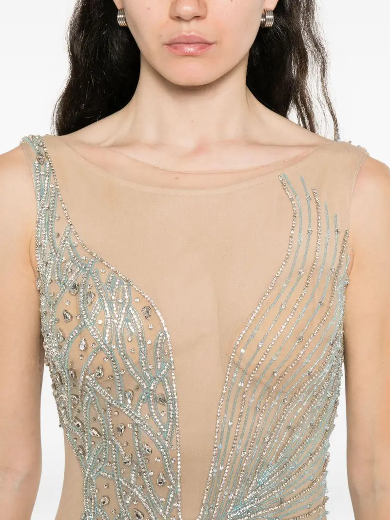 Abito Lungo Beige Girocollo con Perline e Spacco Laterale Celeste miniatura 3