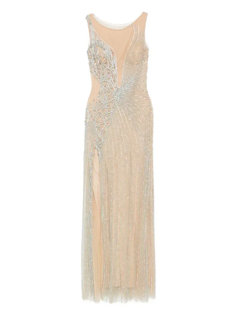 Abito Lungo Beige Girocollo con Perline e Spacco Laterale Celeste