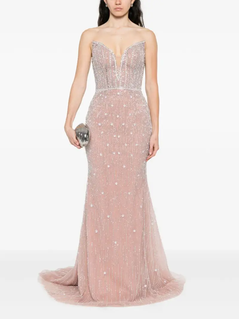 Abito Lungo Rosa con Scollo a V e Decorazione con Perline Rosa pastello miniatura 2