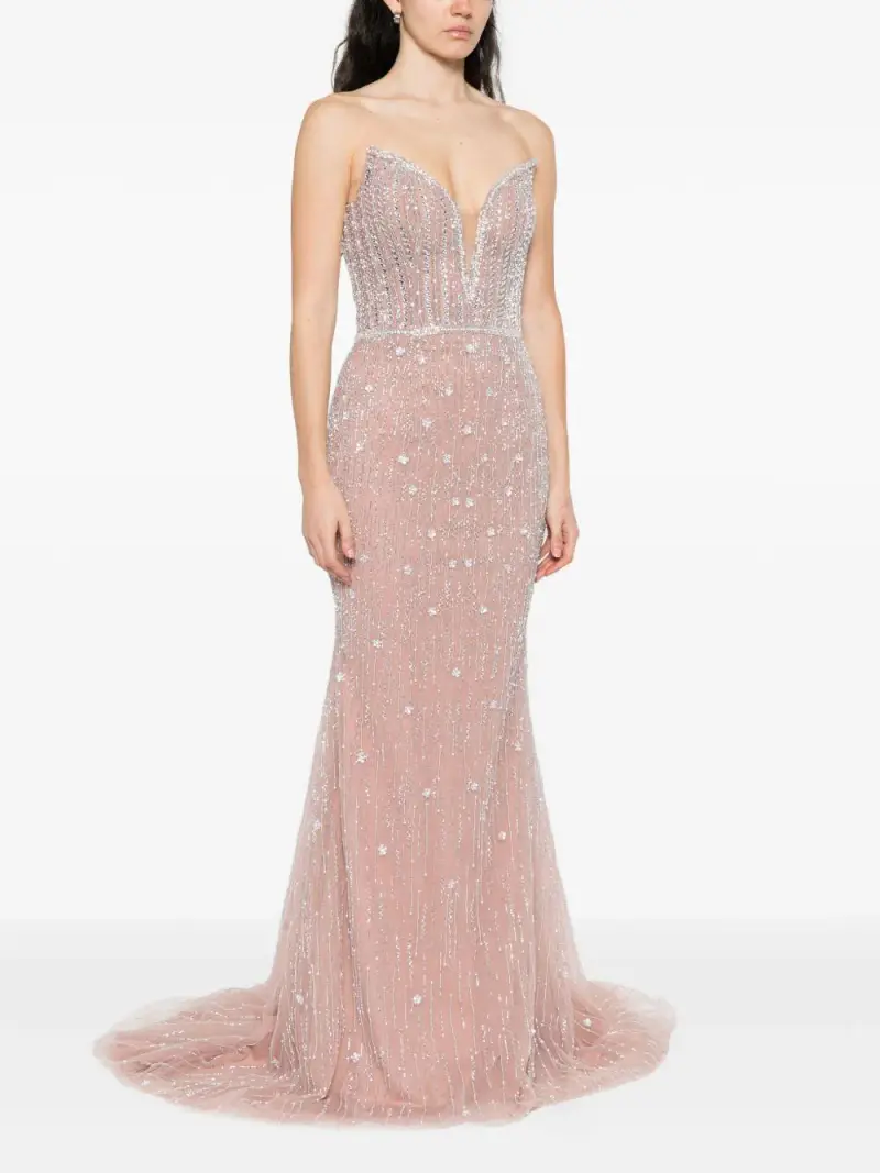 Abito Lungo Rosa con Scollo a V e Decorazione con Perline Rosa pastello miniatura 3