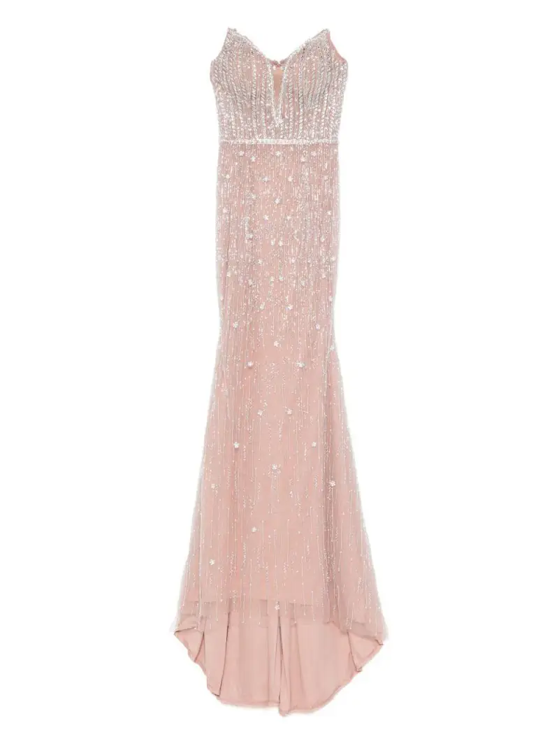 Abito Lungo Rosa con Scollo a V e Decorazione con Perline Rosa pastello