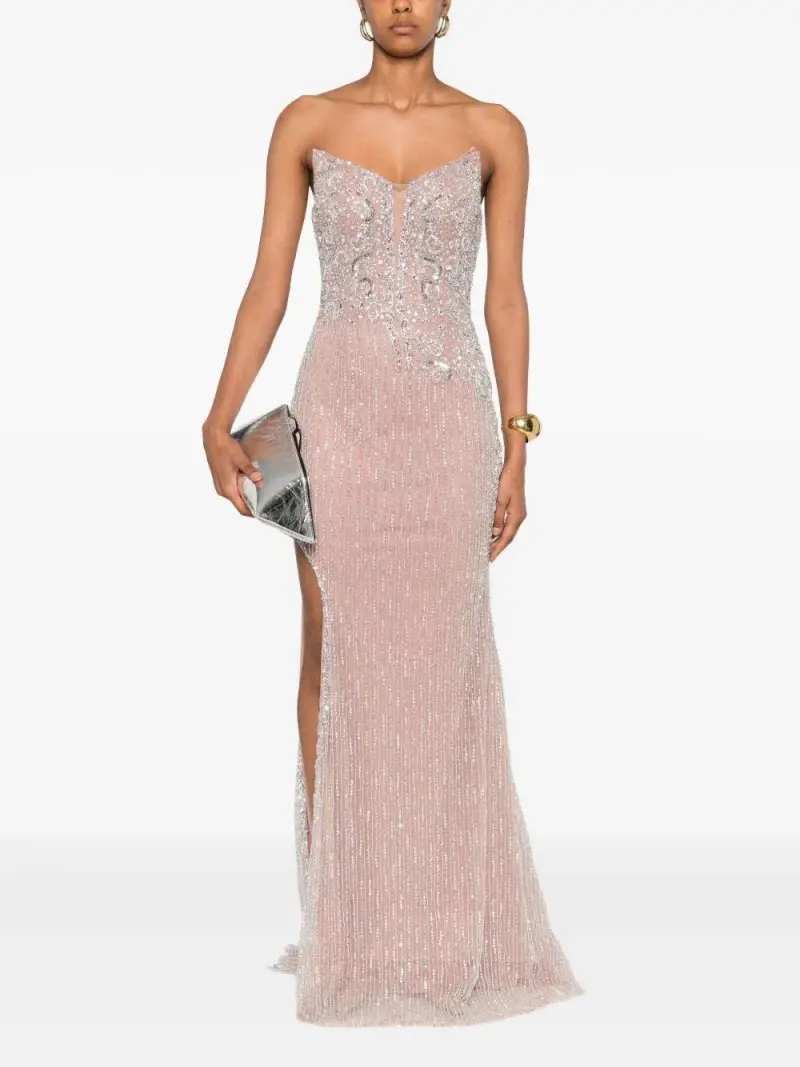 Abito Lungo Rosa Senza Spalline con Paillettes e Perline Rosa pastello miniatura 2