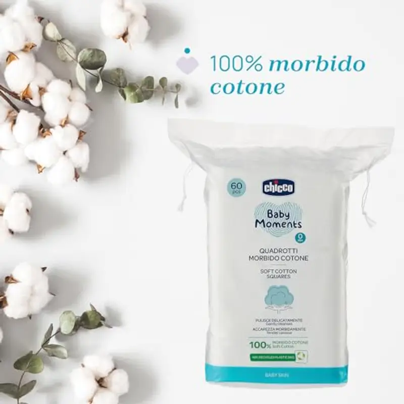 Chicco Baby Moments Quadrotti Morbido Cotone, Pulisce Delicatamente e Accarezza Morbidamente, Baby Skin, Bianco, 60 Pezzi, 0+ Mesi miniatura 3