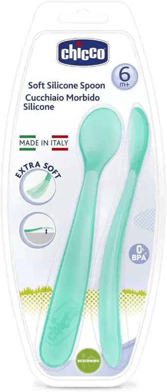 Cucchiaio in silicone Chicco Duplo Soft Blue 6m+ 2 unità
