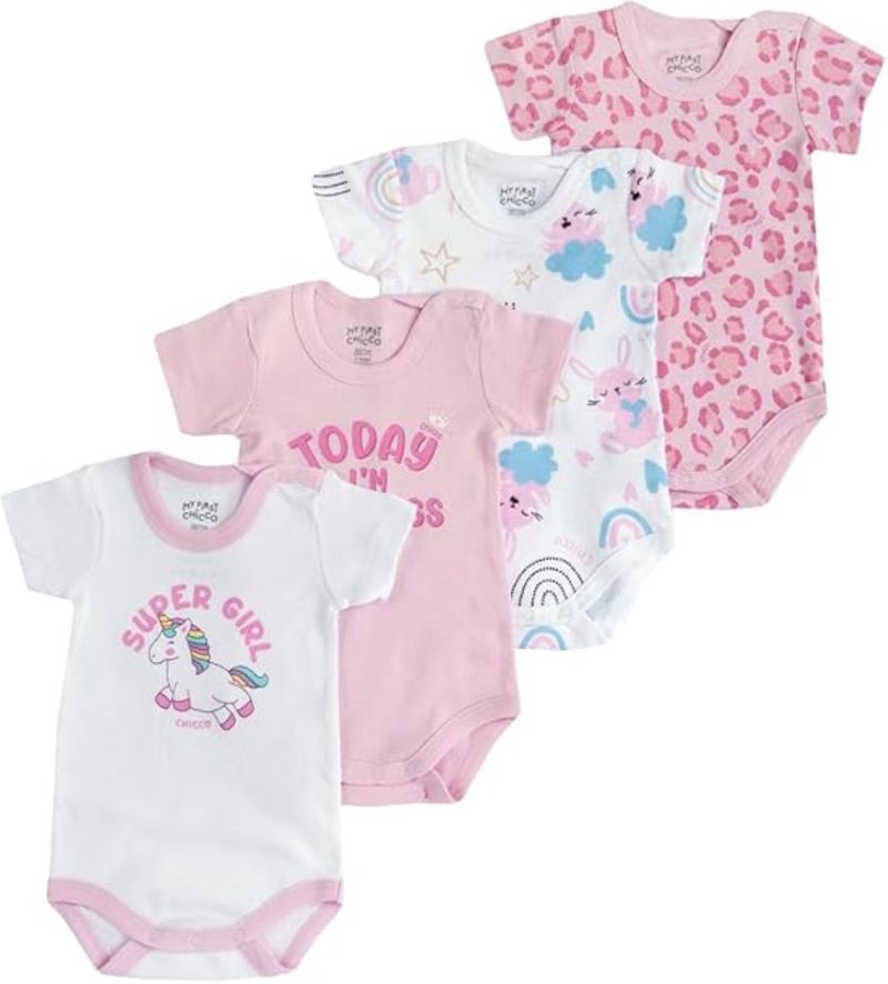 CHICCO Set Body Neonato Manica Corta Unisex, Bianco-Rosa - Pacco da 4