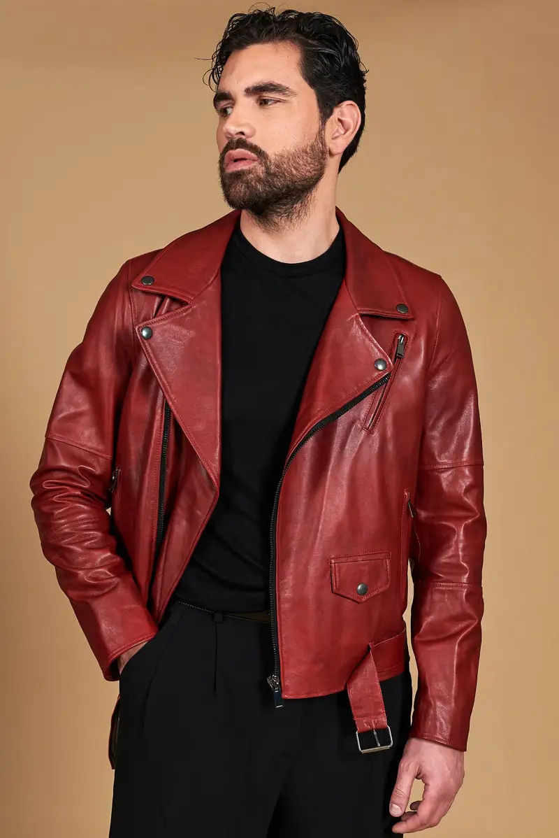 Chiodo biker in pelle rossa con cintura effetto liscio D'Arienzo, Seleziona Taglia 46, Colore Rosso