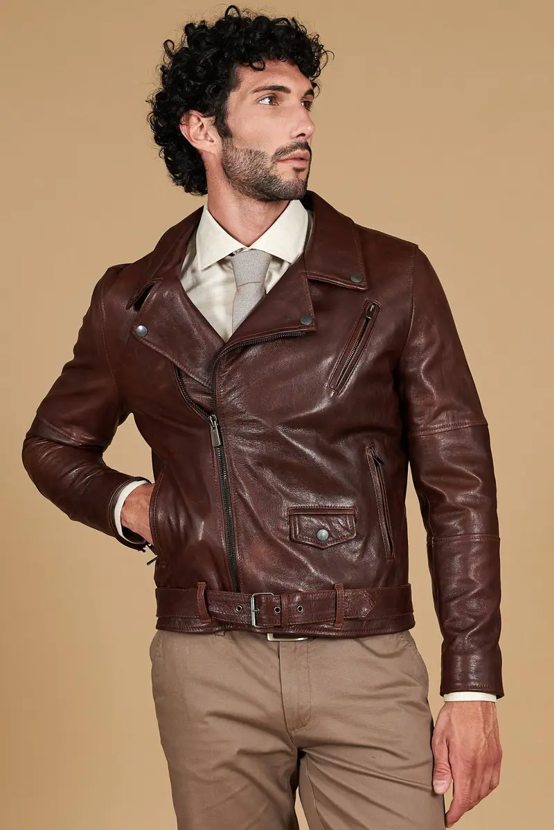 Chiodo biker in pelle testa di moro con cintura effetto vintage D'Arienzo, Seleziona Taglia 54, Colore Testa di moro