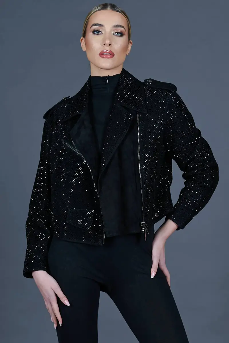 Chiodo oversize in pelle scamosciata nera con cristalli D'Arienzo, Seleziona Taglia XS-S, Colore Nero