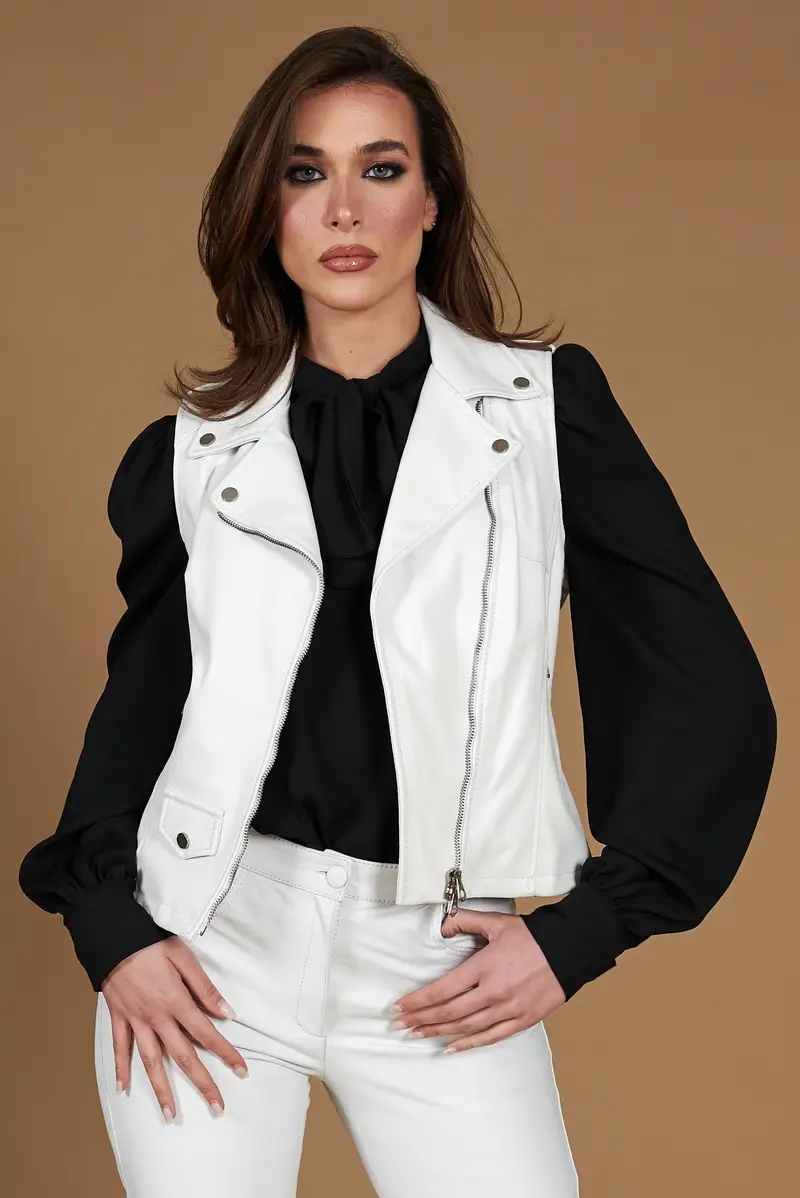 Chiodo smanicato biker in pelle bianca nappa effetto liscio D'Arienzo, Seleziona Taglia XS, Colore Bianco