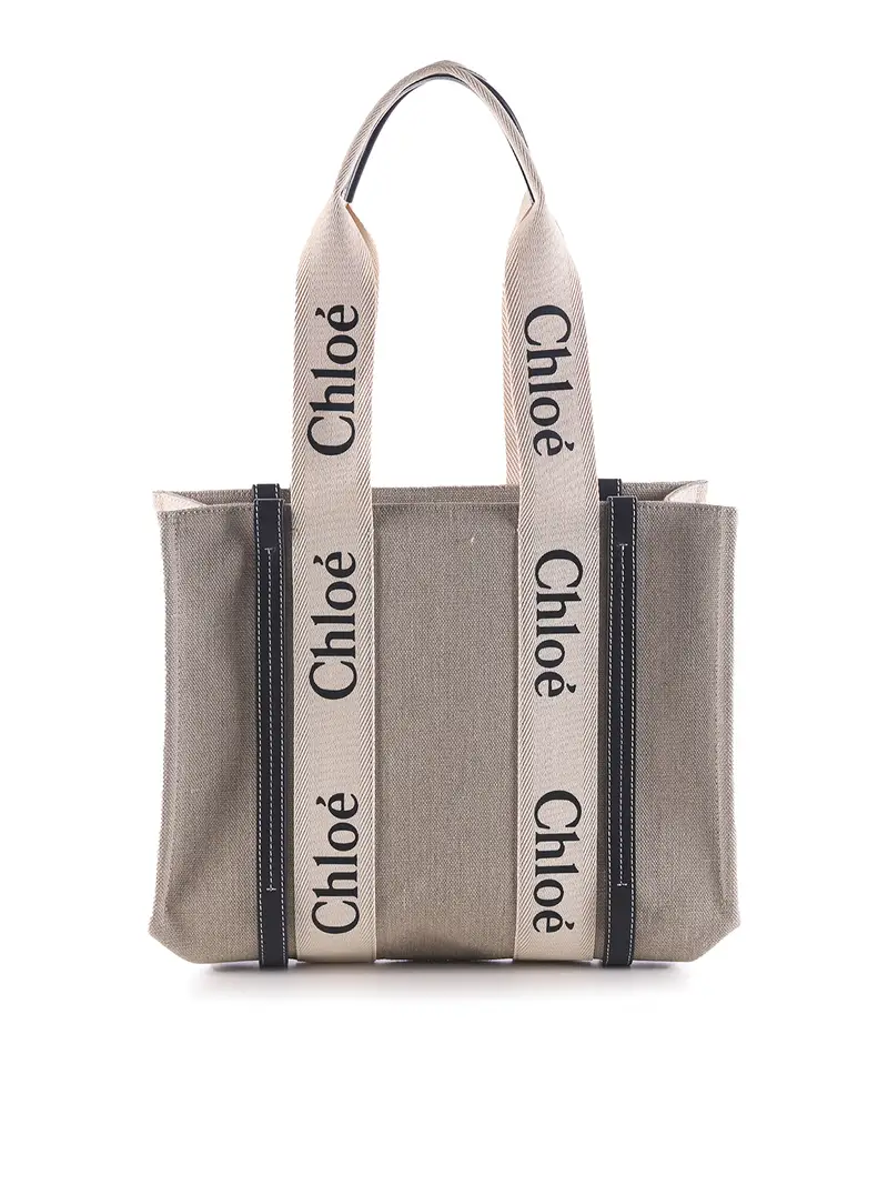 Borsa in lino con doppio manico con logo Bianco