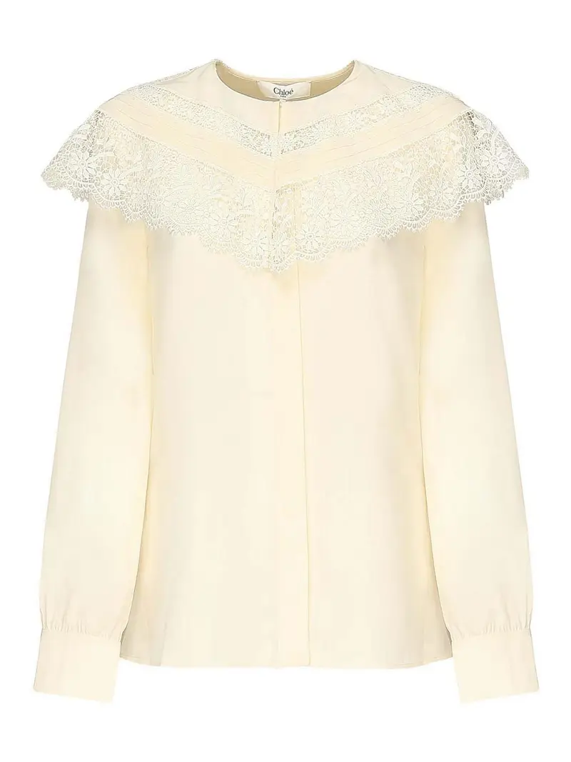 Camicetta con volant in seta e pizzo Color Carne E Neutri