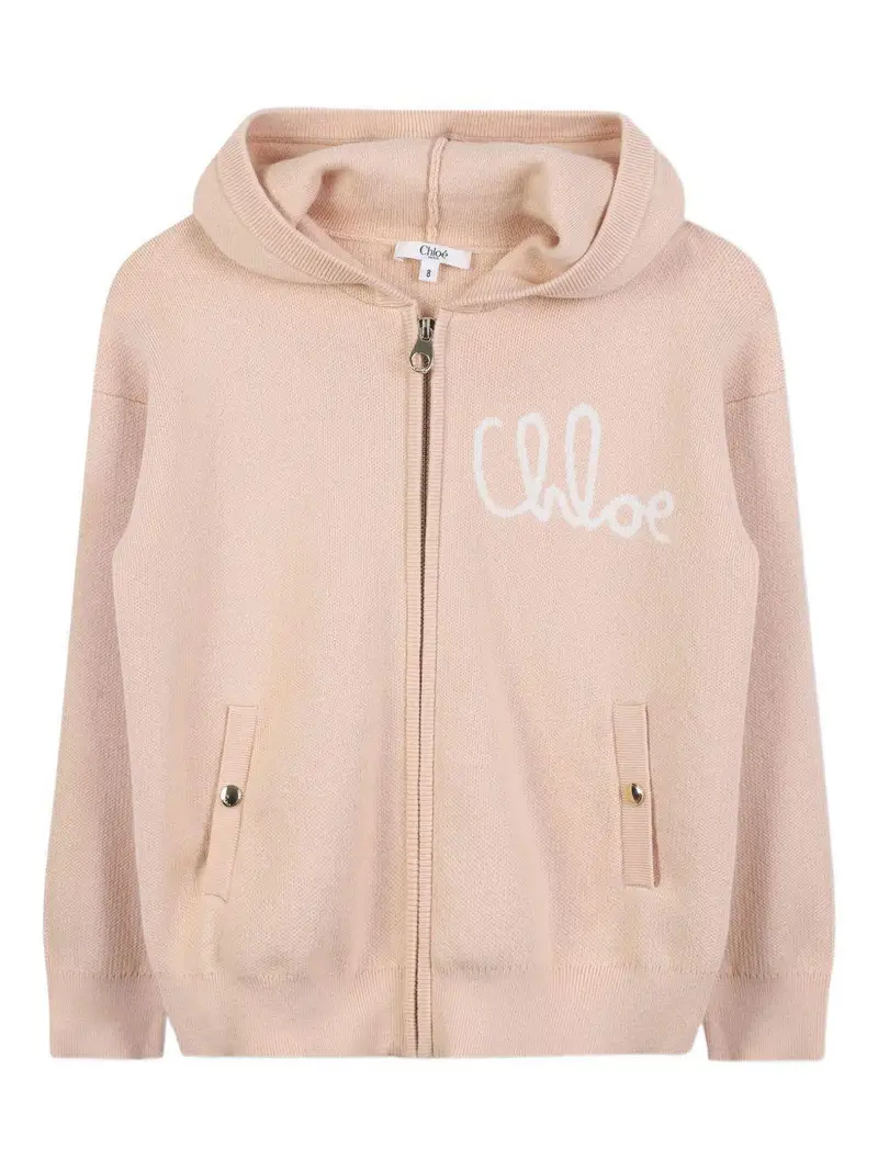 Camicia con Cappuccio Zip e Logo Ricamato Beige miniatura 2