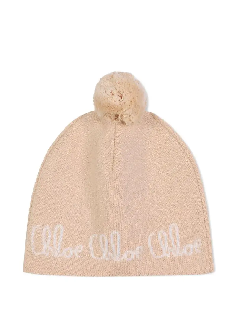 Cappello con Pompon e Logo Ricamato Beige
