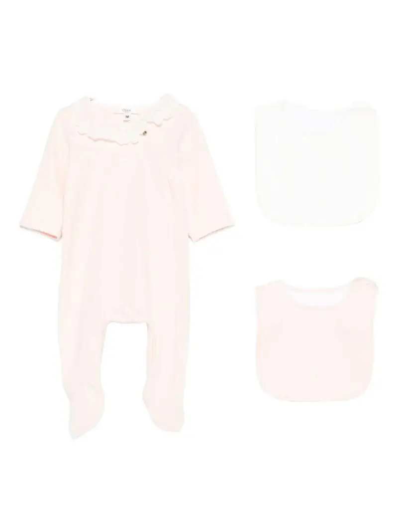Set Neonato con Stampa e Colletto a Smerlo Rosa Cipria