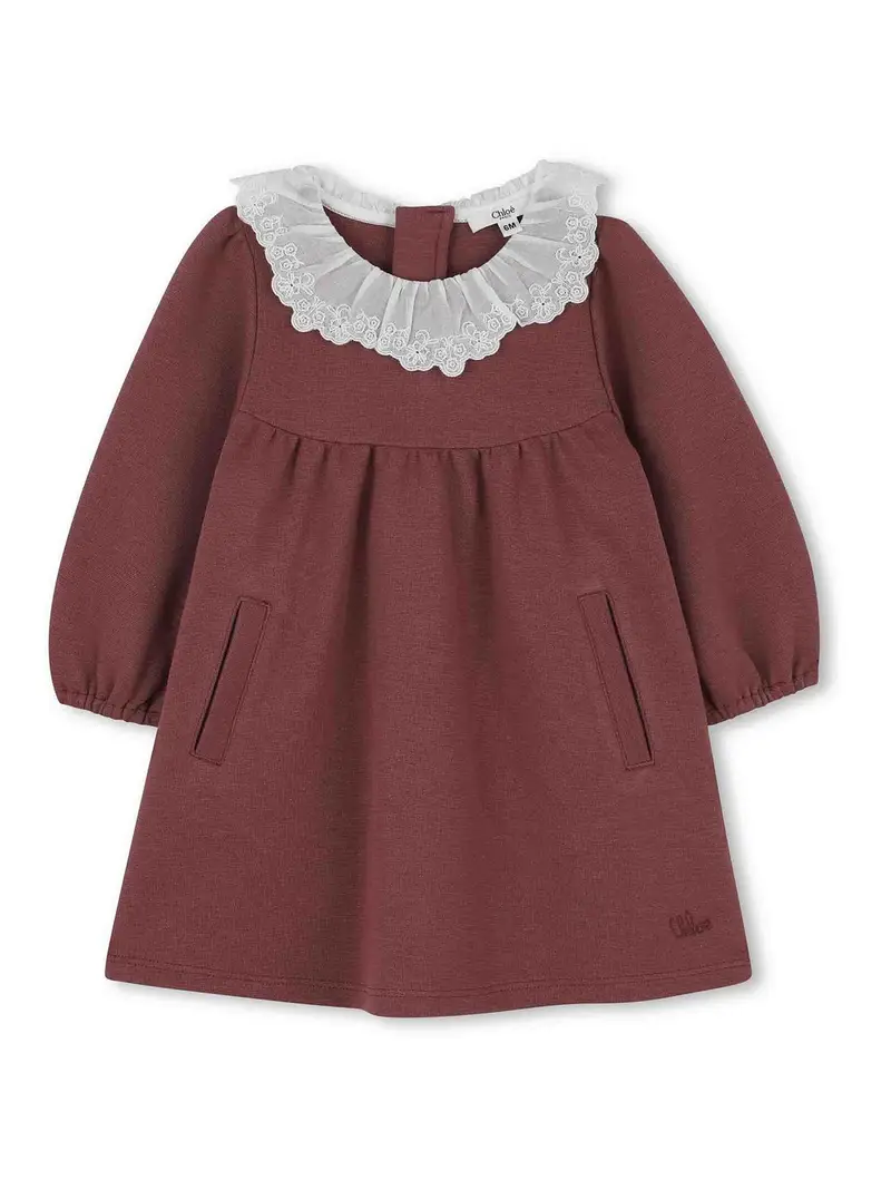 Vestito Con Ruches A Maniche Lunghe Rosso Scuro