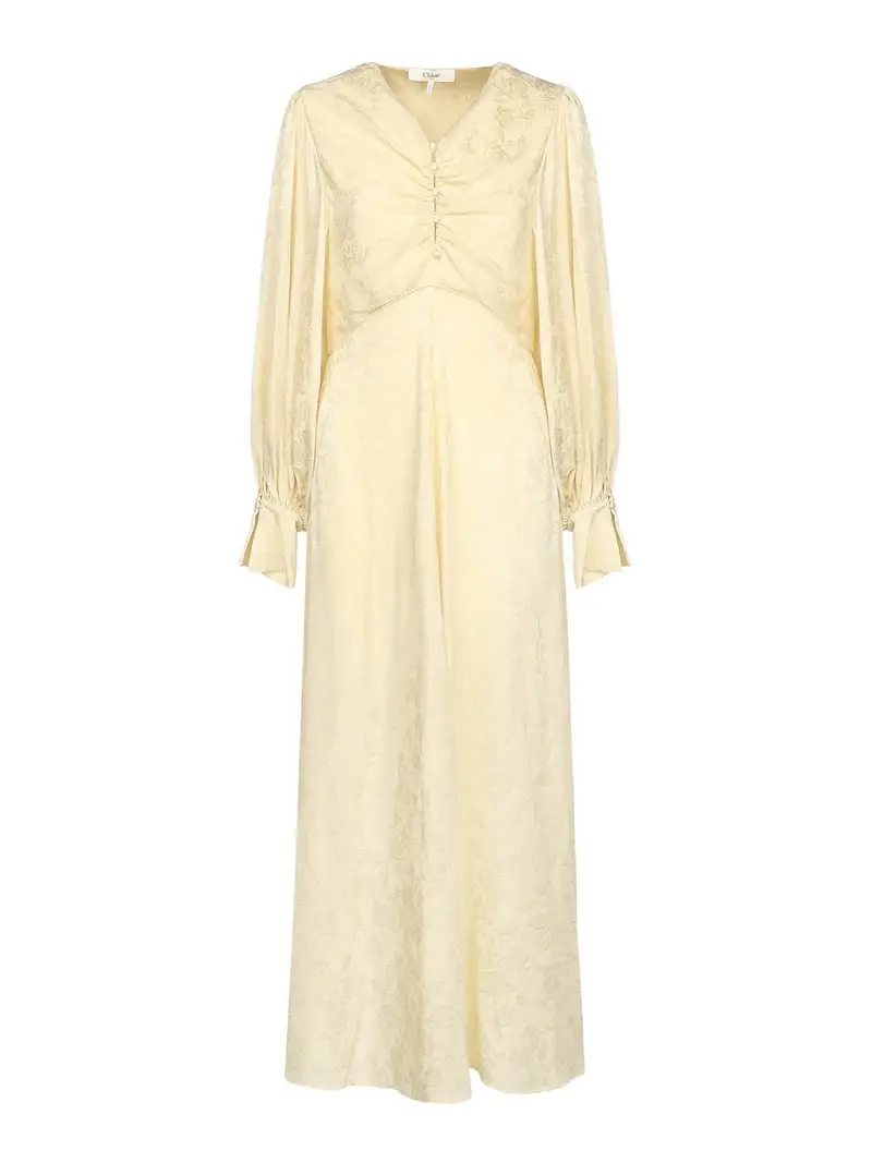 Vestito lungo in jacquard di seta con volant Giallo