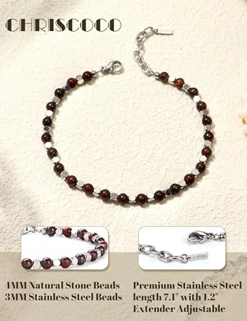 Chriscoco Bracciale Uomo Donna 4MM Pietre Naturali Acciaio Perline Occhio di Tigre Turchese Gioielli miniatura 2