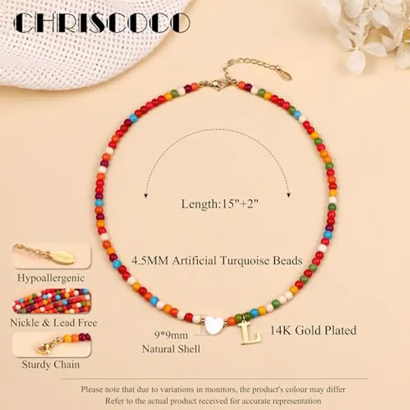 Chriscoco Collana Bambina Donna Particolari, Collana con Iniziale, Regalo Compleanno per Ragazza e Donna, Collana Personalizzato con Perline Colorate e Ciondolo con Lettera, Regali Donna, L miniatura 2