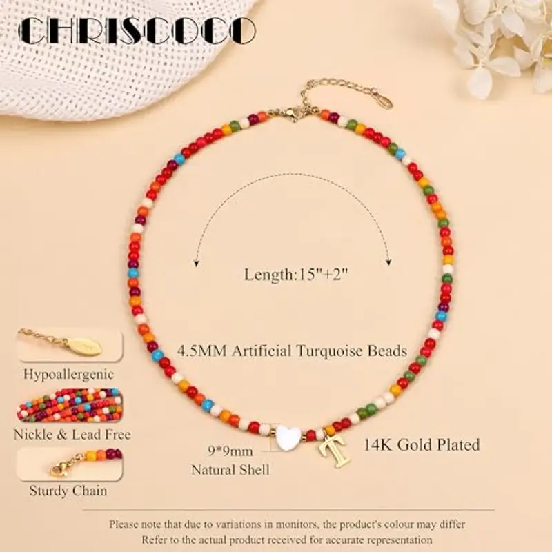 Chriscoco Collana Bambina Donna Particolari, Collana con Iniziale, Regalo Compleanno per Ragazza e Donna, Collana Personalizzato con Perline Colorate e Ciondolo con Lettera, Regali Donna, T miniatura 2