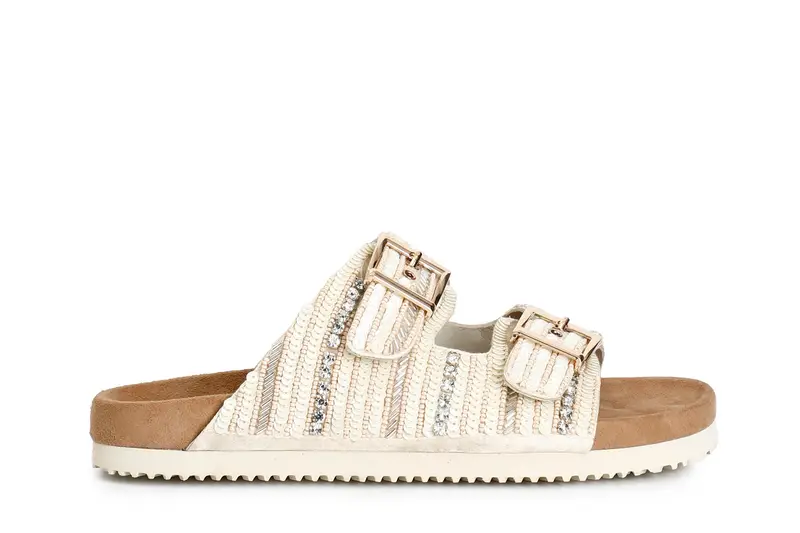 ciabatta doppia fibbia con ricami avorio 36