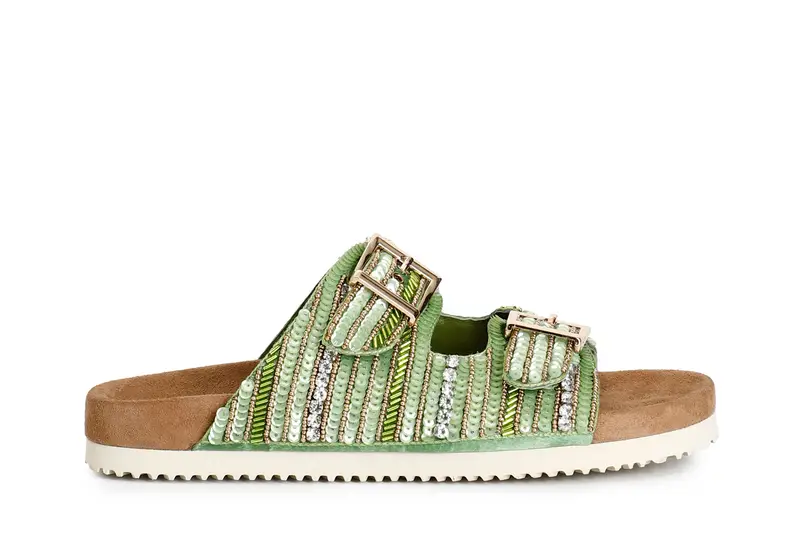 ciabatta doppia fibbia con ricami lime 36