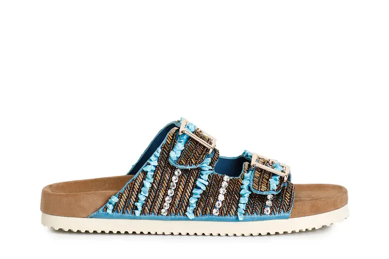 ciabatta doppia fibbia con ricami turchese 38